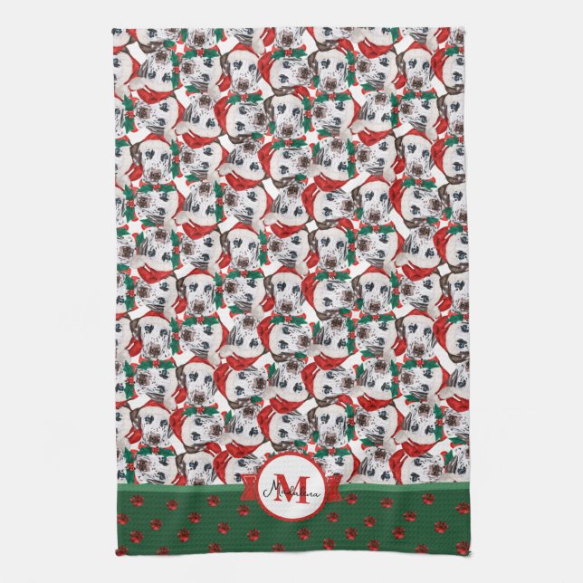 Dalmatian Pattern Monogram Christmas Dog Tea Towel (Vertical)