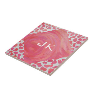 Dalmatian Pink and White with Monogram Ceramic Tile