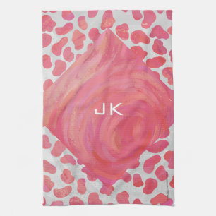 Dalmatian Pink and White with Monogram Tea Towel