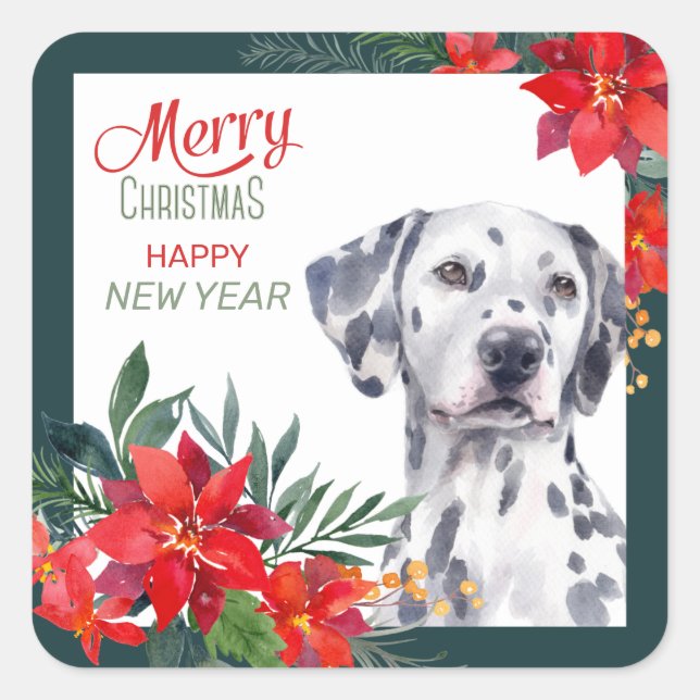 Dalmatian Poinsettia Border Christmas Square Sticker (Front)