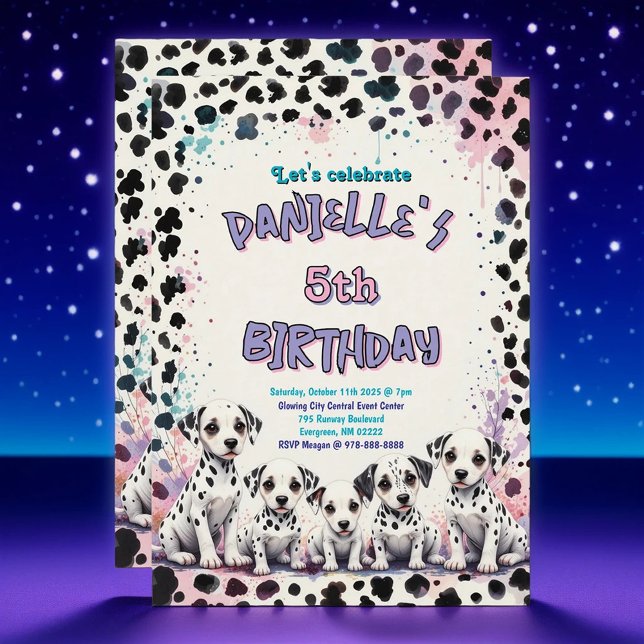Dalmatian Puppies Pink Purple Birthday Party Invitation (Creator Uploaded)
