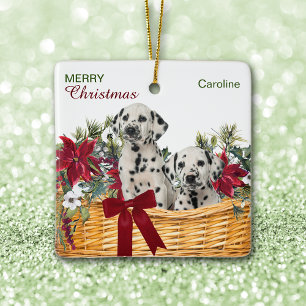 Dalmatian Puppies Poinsettia Christmas Basket Ceramic Ornament