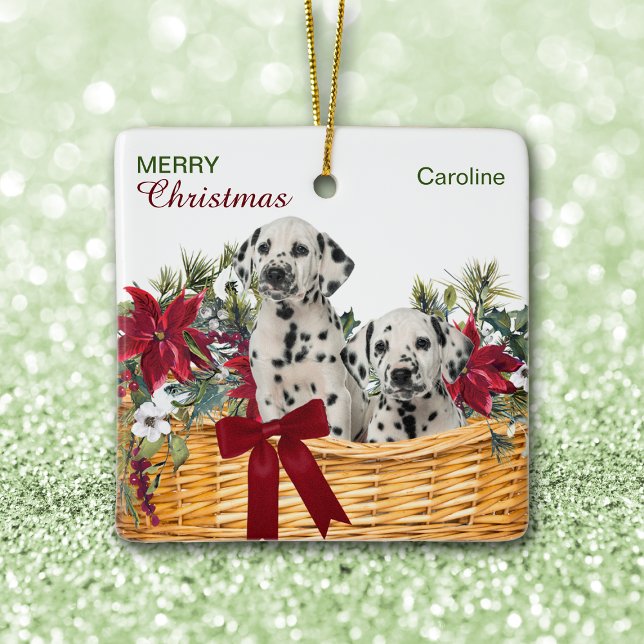 Dalmatian Puppies Poinsettia Christmas Basket Ceramic Ornament (Creator Uploaded)