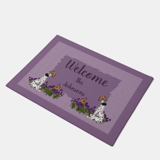 Dalmatian Puppy And Butterflies Personalised Doormat (Angled)