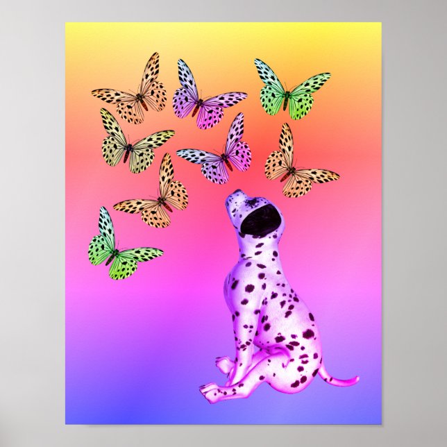 Dalmatian Puppy And Colourful Butterflies Poster (Front)