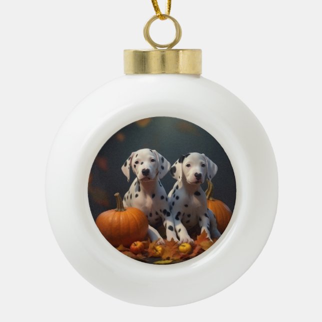 Dalmatian Puppy Autumn Delight Pumpkin  Ceramic Ball Christmas Ornament (Front)