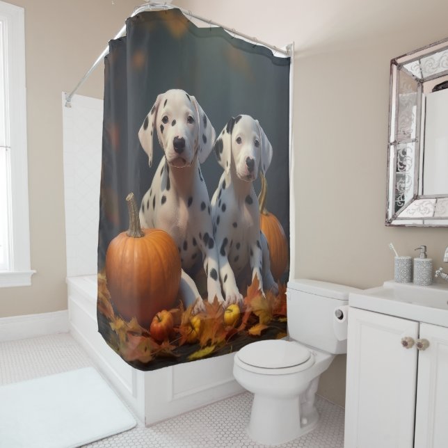 Dalmatian Puppy Autumn Delight Pumpkin  Shower Curtain (In Situ)