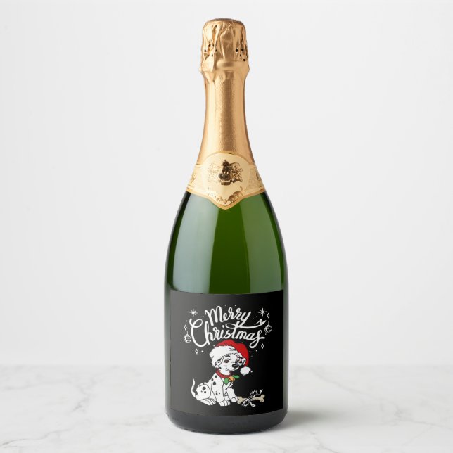 Dalmatian Puppy Dog In A Christmas Santa Hat Xmas  Sparkling Wine Label (Front)
