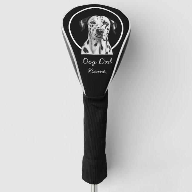Dalmatian puppy  for dog dad with name on black    golf head cover (Front)