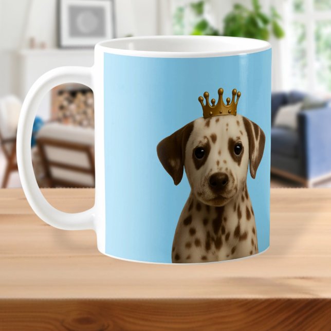 Dalmatian Puppy in Gold Crown Cute Coffee Mug (Dalmatian Puppy in Gold Crown Cute Coffee Mug
by Ricaso. Dally pup dog on a blue background)