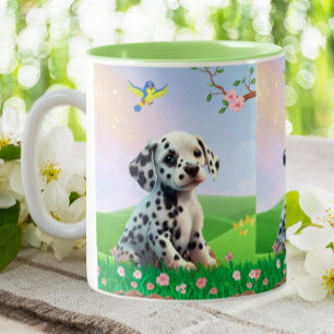 Dalmatian puppy sitting in a garden nursery  Two-Tone coffee mug