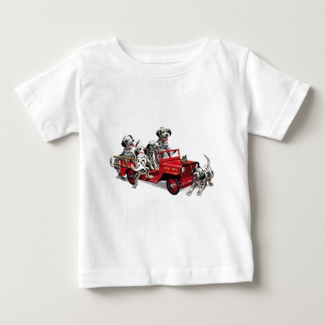 Dalmatian Pups with Fire Truck Baby T-Shirt (Front)