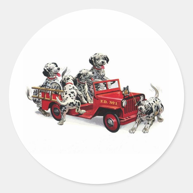 Dalmatian Pups with Fire Truck Classic Round Sticker (Front)