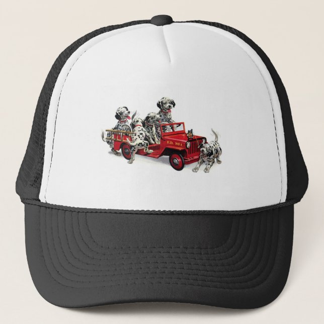 Dalmatian Pups with Fire Truck Trucker Hat (Front)