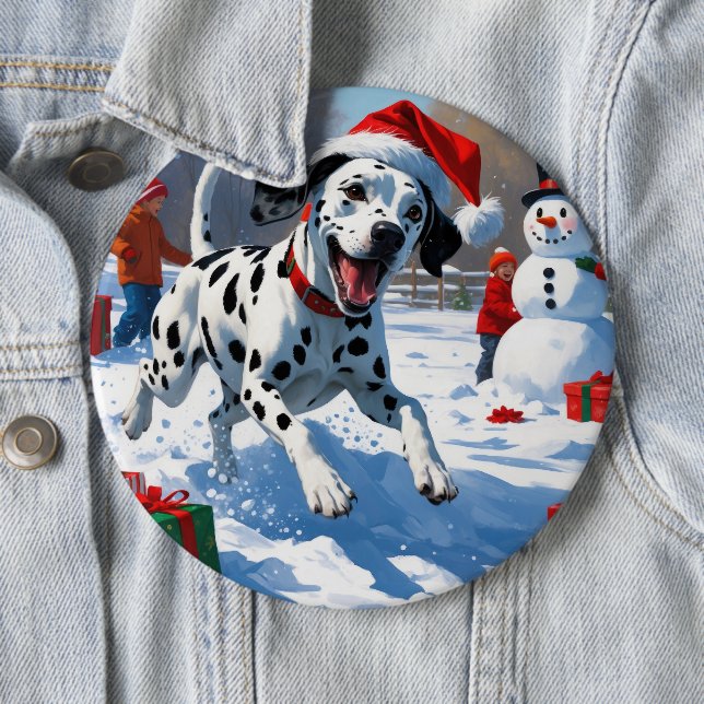 Dalmatian Running in Snow with Christmas Hat 6 Cm Round Badge (In Situ)