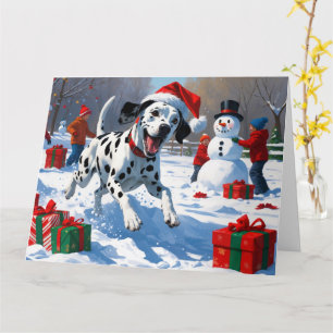 Dalmatian Running in Snow with Christmas Hat Card