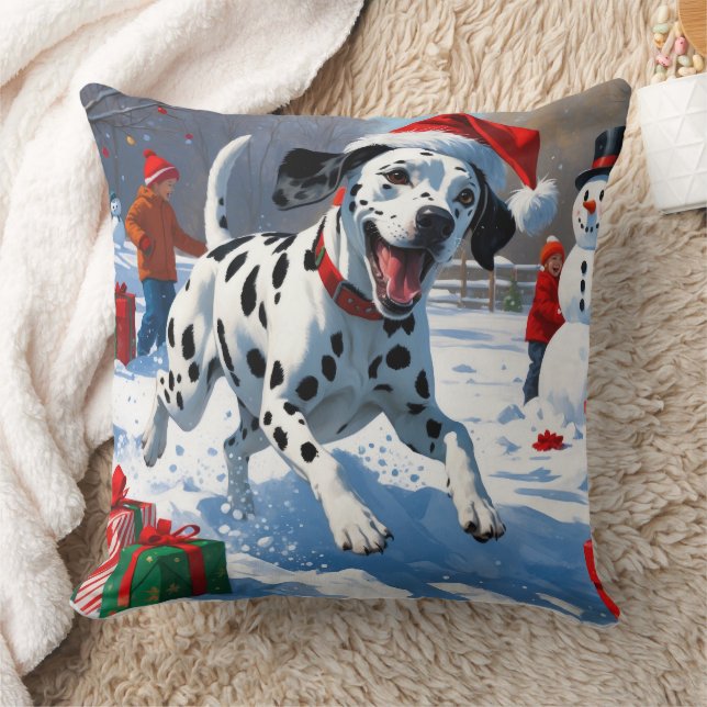 Dalmatian Running in Snow with Christmas Hat Cushion (Blanket)