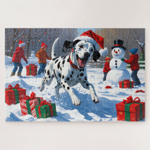 Dalmatian Running in Snow with Christmas Hat Jigsaw Puzzle