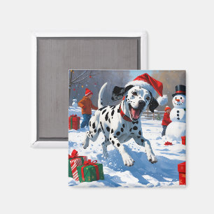 Dalmatian Running in Snow with Christmas Hat Magnet