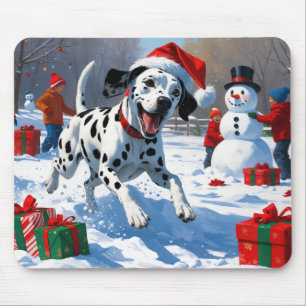Dalmatian Running in Snow with Christmas Hat Mouse Pad