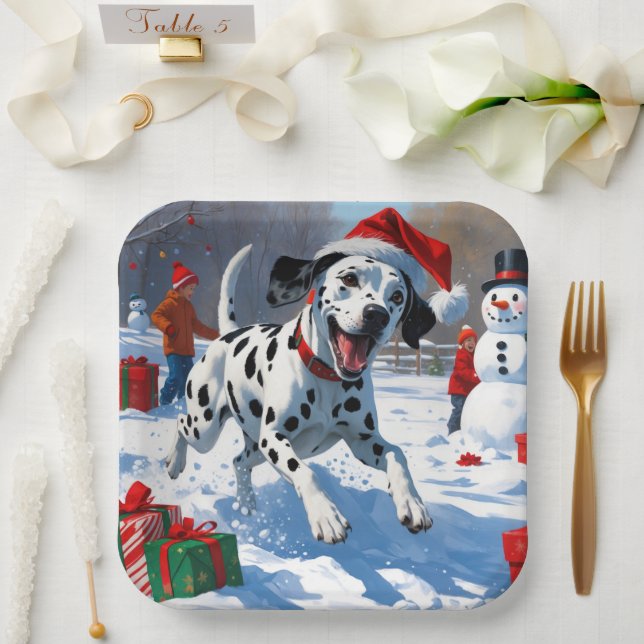 Dalmatian Running in Snow with Christmas Hat Paper Plate (Wedding)