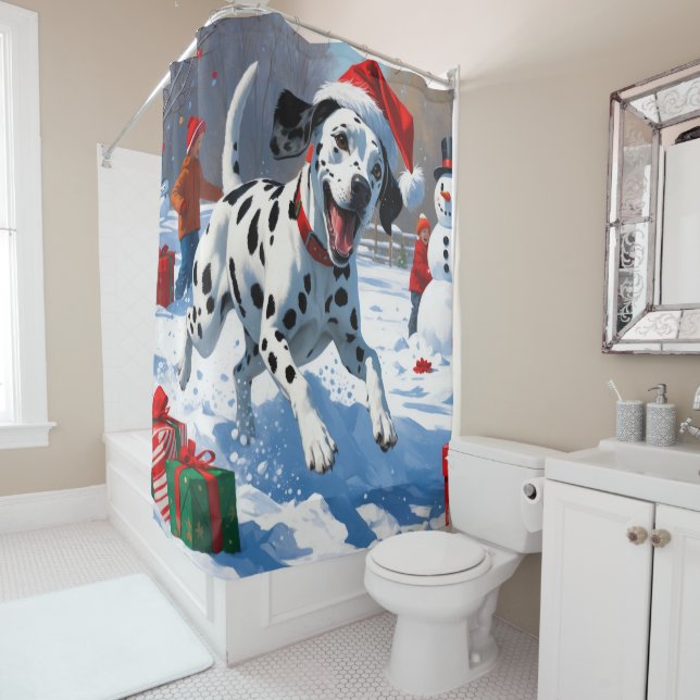 Dalmatian Running in Snow with Christmas Hat Shower Curtain (In Situ)