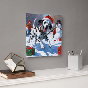Dalmatian Running in Snow with Christmas Hat Square Wall Clock