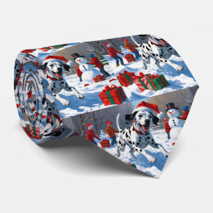 Dalmatian Running in Snow with Christmas Hat Tie