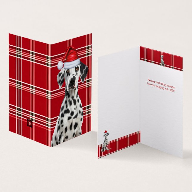 Dalmatian Santa Dog Holiday Plaid Christmas Card (Inside and Outside)