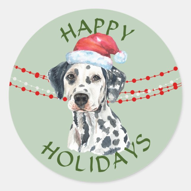 Dalmatian Santa Hat Happy Holidays Classic Round Sticker (Front)