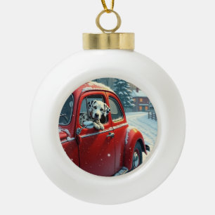 Dalmatian Snowy Car Ride Christmas Painting Ceramic Ball Christmas Ornament