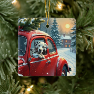 Dalmatian Snowy Car Ride Christmas Painting Ceramic Ornament