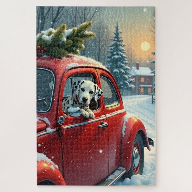 Dalmatian Snowy Car Ride Christmas Painting Jigsaw Puzzle (Vertical)