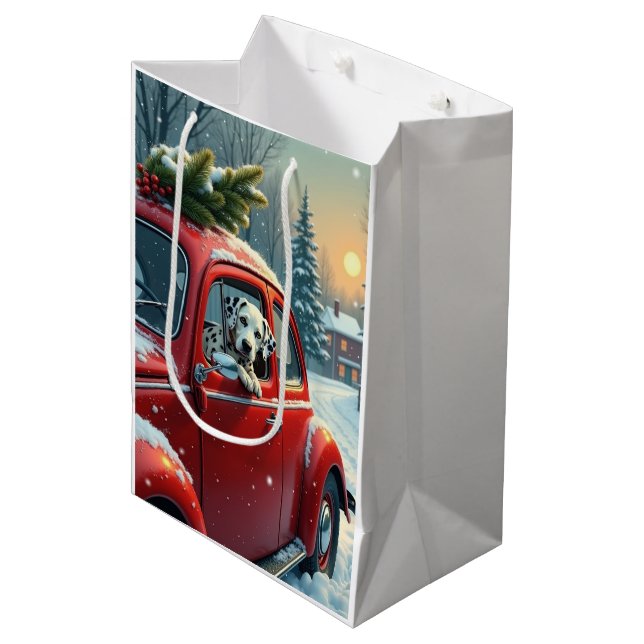 Dalmatian Snowy Car Ride Christmas Painting Medium Gift Bag (Front Angled)