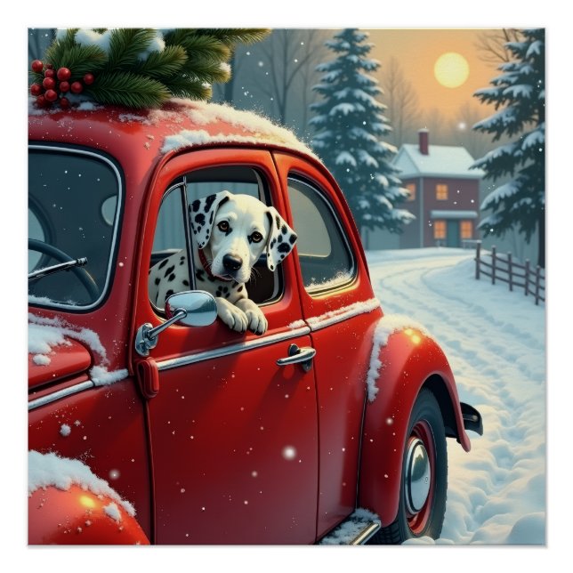 Dalmatian Snowy Car Ride Christmas Painting Poster (Front)
