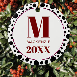 Dalmatian Spot Monogram Name Year Red and White Ceramic Ornament