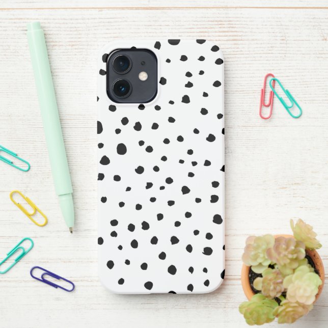 Dalmatian Spots, Dalmatian Dots, Black and White iPhone Case (On Desk)