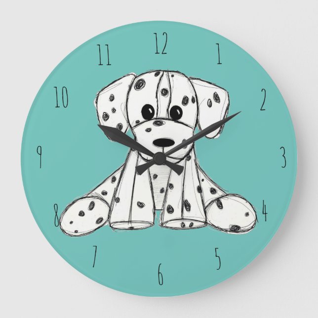 Dalmatian stuffed dog drawing outline simple black large clock (Front)