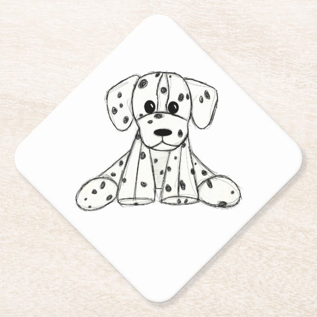 Dalmatian stuffed dog drawing outline simple black paper coaster (Front)