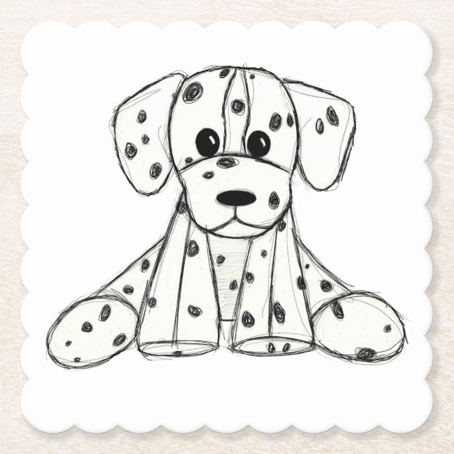 Dalmatian stuffed dog drawing outline simple black paper coaster (Front)