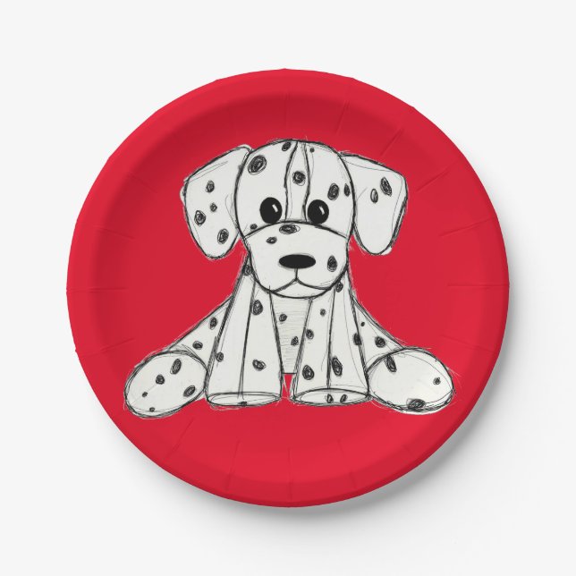 Dalmatian stuffed dog drawing outline simple black paper plate (Front)