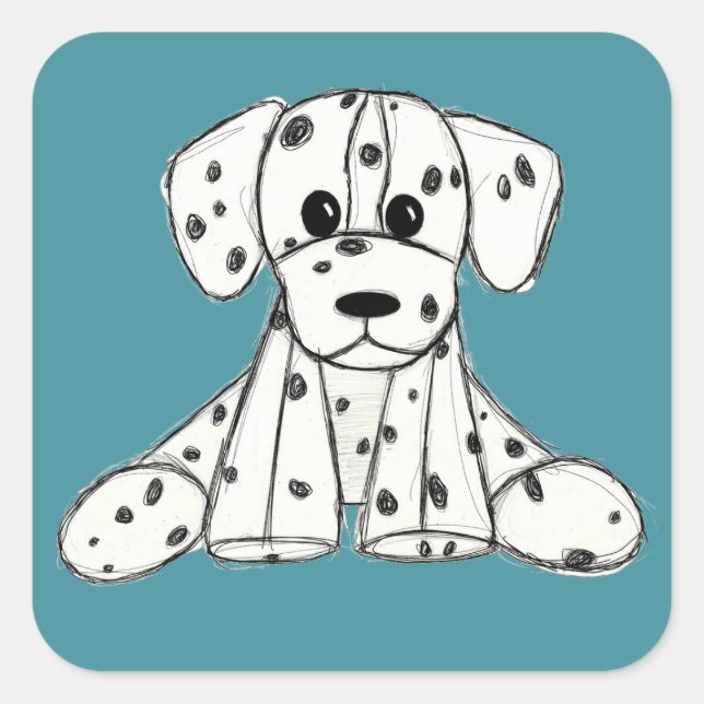 Dalmatian stuffed dog drawing outline simple black square sticker (Front)