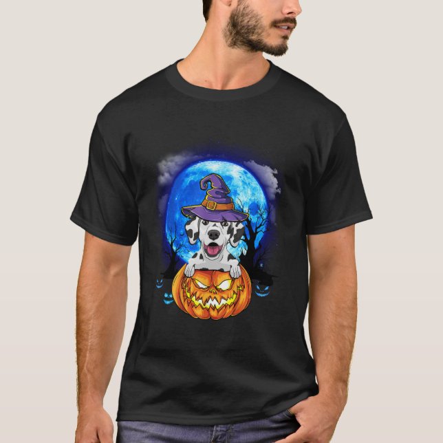 Dalmatian Witch Moon Pumpkin Scary Halloween Dog L T-Shirt (Front)