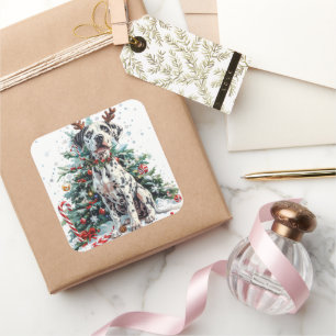 Dalmatian with Reindeer Antlers by Christmas Tree Square Sticker