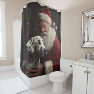 Dalmatian With Santa Claus Festive Christmas Shower Curtain