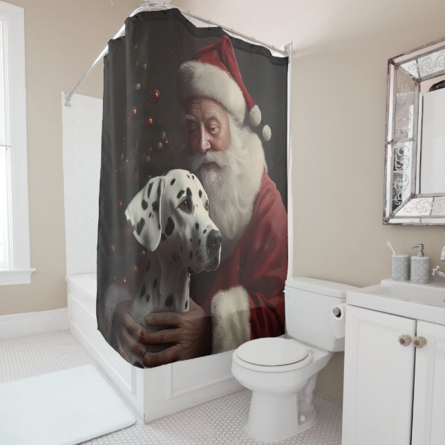 Dalmatian With Santa Claus Festive Christmas Shower Curtain (In Situ)