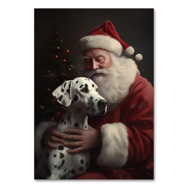 Dalmatian With Santa Claus Festive Christmas Table Number (Front)