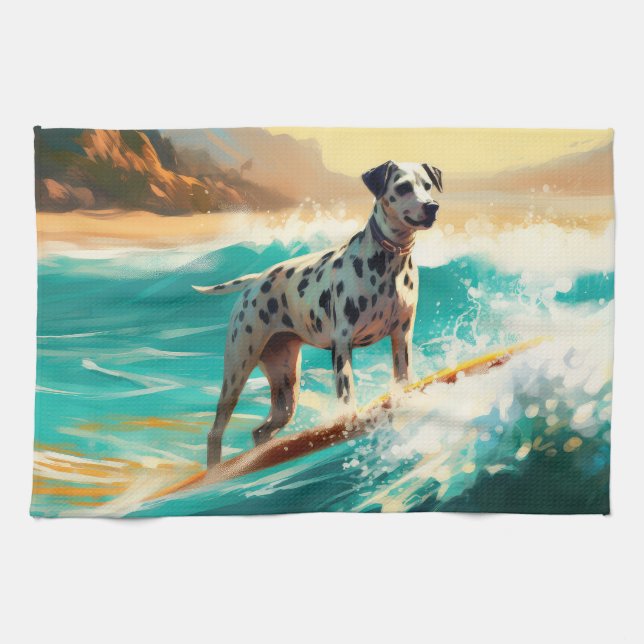 Dalmation Beach Surfing Painting  Tea Towel (Horizontal)