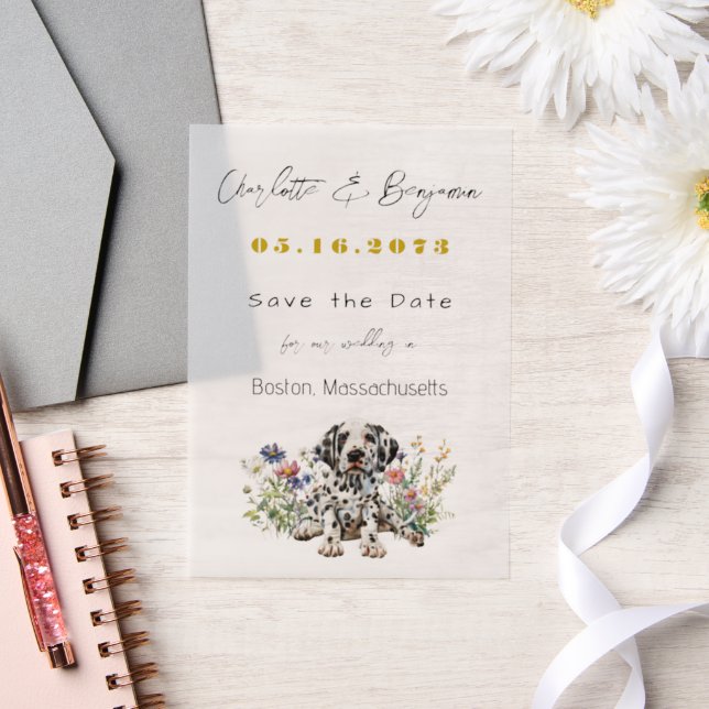 Dalmation Dog and Wildflowers Save the Date Vellum Invitations (Wedding)