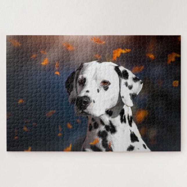 Dalmation Dog Animal Portrait Fall Leaves Jigsaw Puzzle (Horizontal)